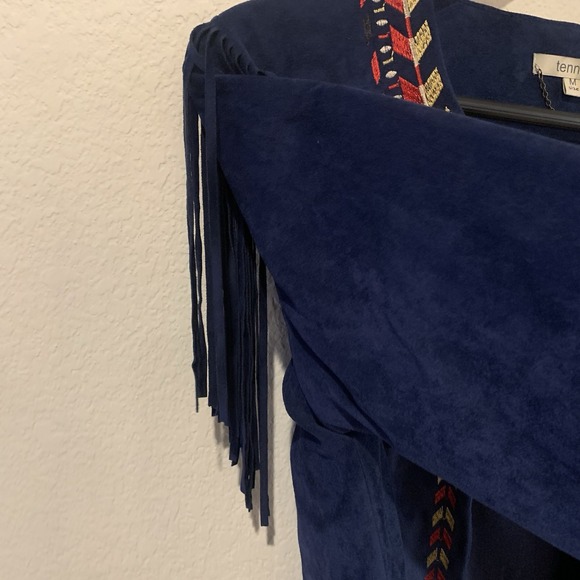Bojo Western Style Aztec Embroidered Fringe Jacket-Suede Look Navy Blue- Size M - Picture 8 of 16